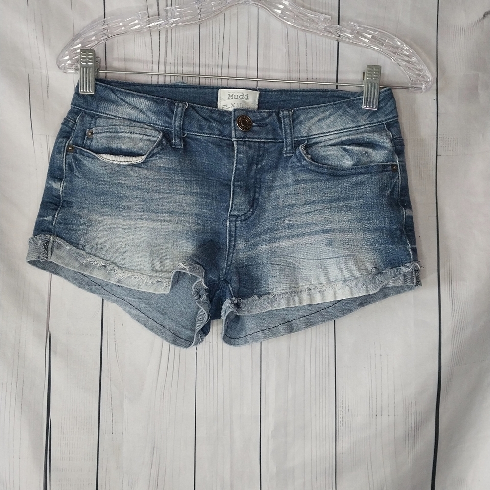 Mudd Flx Stretch Raw Rolled Hem Shorty Low Rise Denim Shorts